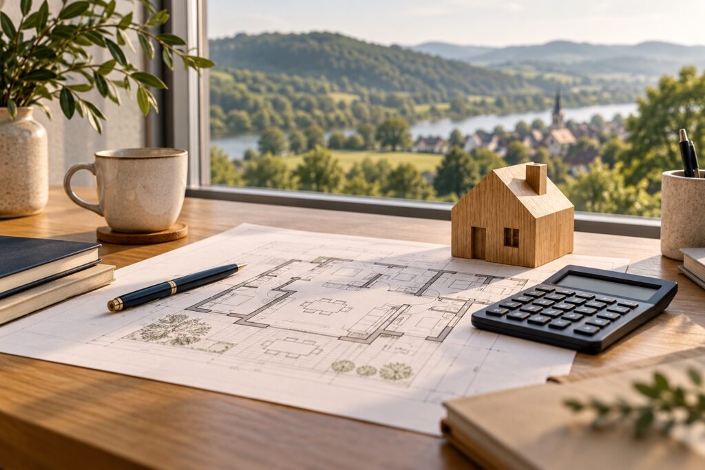 KI-Beispielbild: Finanzierungsplanung mit Grundriss, Rechner und Holzhausmodell.