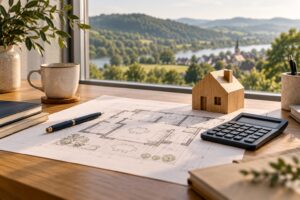KI-Beispielbild: Finanzierungsplanung mit Grundriss, Rechner und Holzhausmodell.