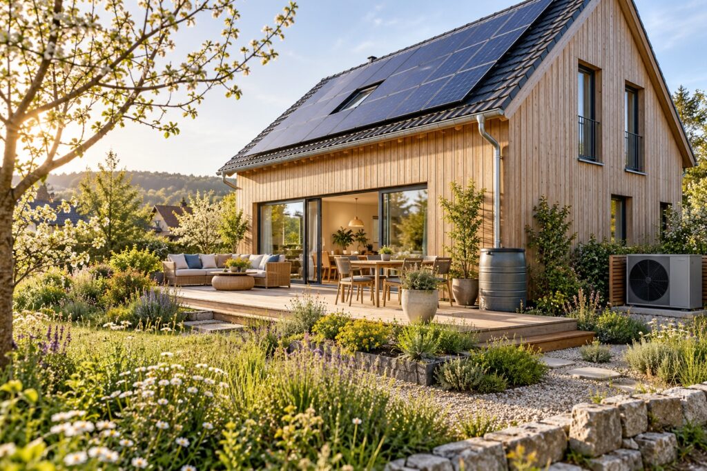 KI-Beispielbild: Nachhaltiges Wohnhaus mit Photovoltaik, Wärmepumpe und naturnahem Garten.