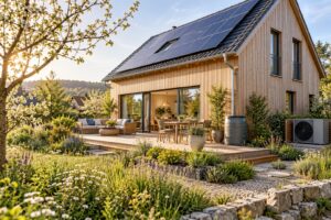 KI-Beispielbild: Nachhaltiges Wohnhaus mit Photovoltaik, Wärmepumpe und naturnahem Garten.