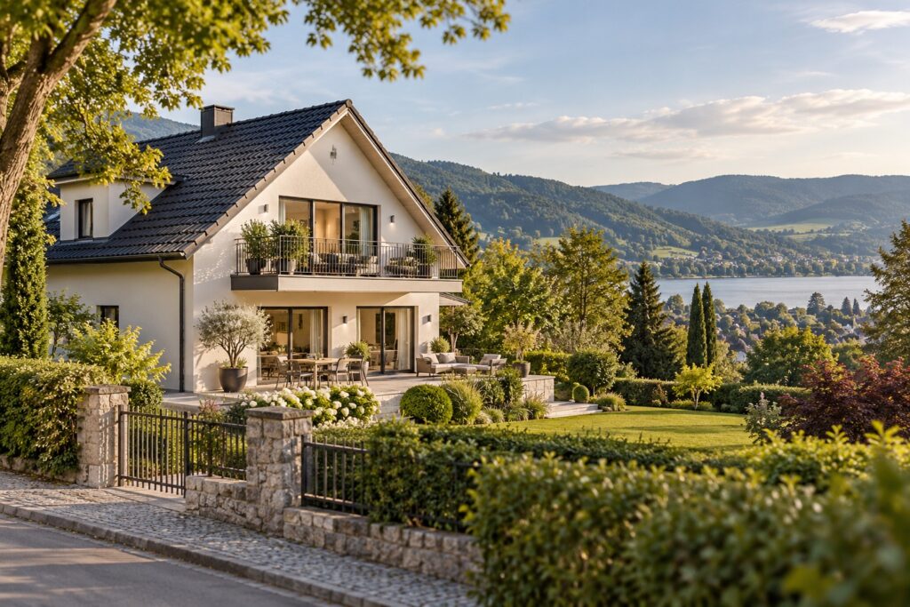 KI-Beispielbild: Gepflegtes Wohnhaus mit Grundstück und grüner Wohnlage als Wertfaktoren.