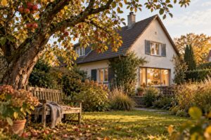 KI-Beispielbild: Älteres Familienhaus mit Apfelbaum und Gartenbank als geerbte Immobilie.
