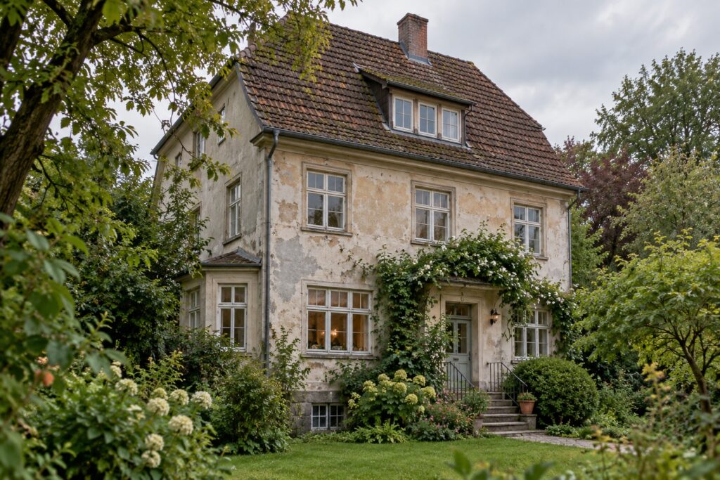 KI-Beispielbild: Älteres Wohnhaus mit ursprünglichen Fenstern und sichtbarem Modernisierungsbedarf.