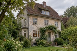 KI-Beispielbild: Älteres Wohnhaus mit ursprünglichen Fenstern und sichtbarem Modernisierungsbedarf.
