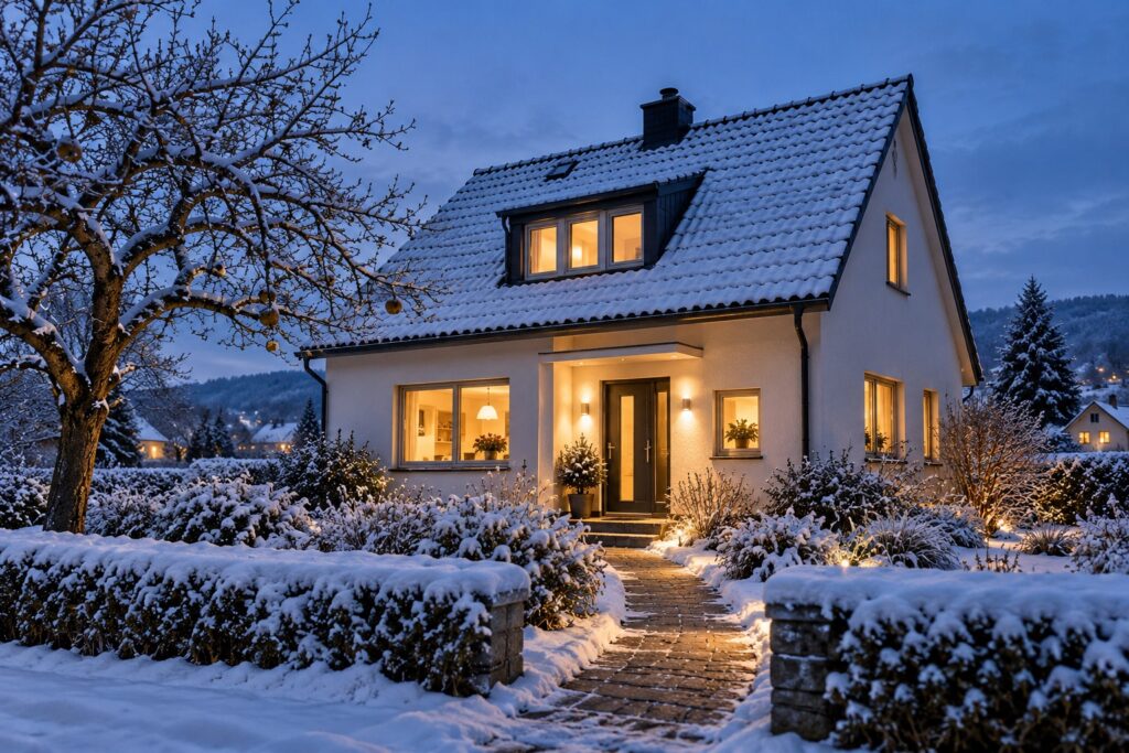 KI-Beispielbild: Wohnhaus mit Schnee und warm beleuchteten Fenstern im Winter.