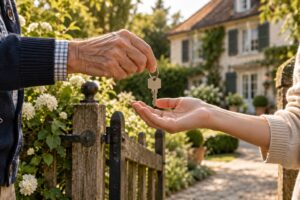 KI-Beispielbild: Ältere und jüngere Hand bei der Übergabe eines Hausschlüssels an die nächste Generation.